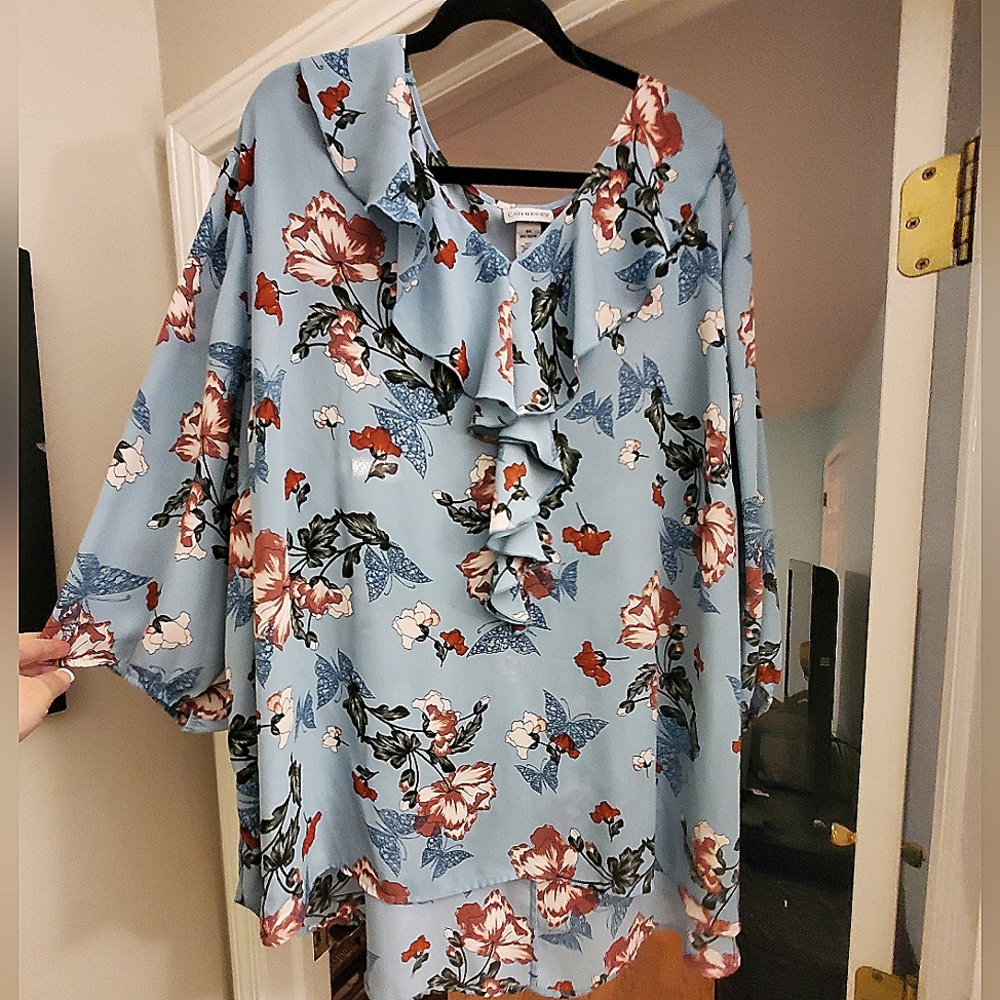 Catherines, Size 4x, Floral Blue/Green Ruffled Blouse